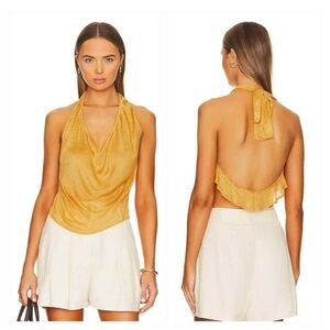 Savannah Morrow Womens Medium Lima Top Gold Halter Tie Draped Neck NWT